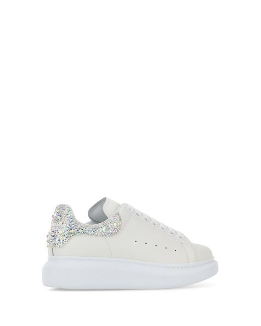 McQueen White Leather Sneakers With Embellished Suede Heel