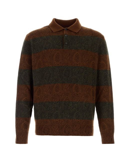 Etro Brown Embroidered Wool Polo Shirt for men