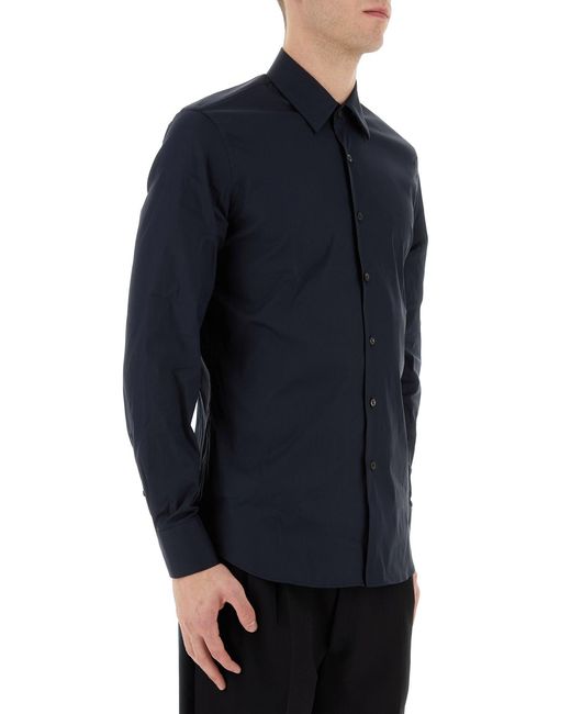 Camicia in popeline stretch blu di Prada in Blue da Uomo
