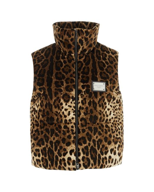 Dolce & Gabbana Brown Sleeveless Leopard-Print Jacket With Logo Tag