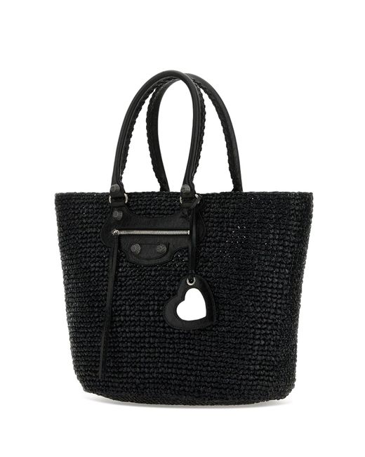 Balenciaga Black Raffia Large Le Cagole Panier Shopping Bag