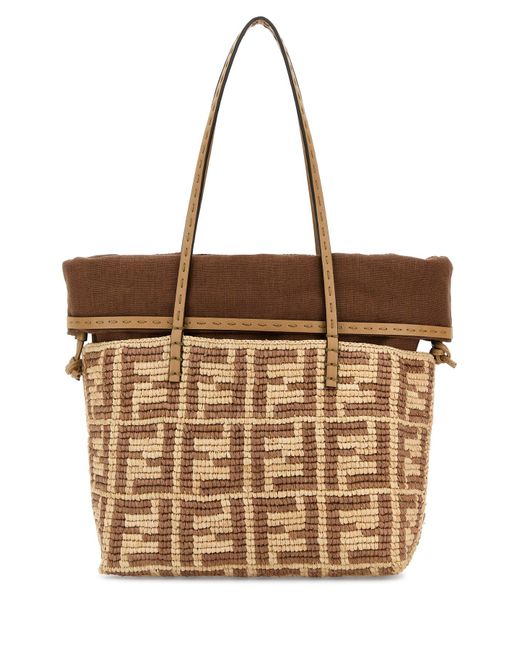 Borsa shopping Roll piccola in paglia ricamata di Fendi in Brown