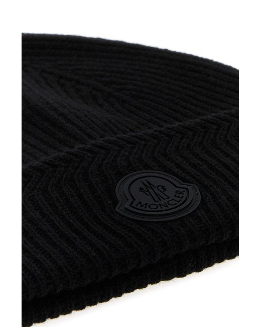 Moncler Black Wool Blend Beanie Hat for men