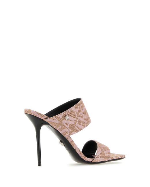 Versace Pink Embroidered Jacquard Cavas Allover Mules