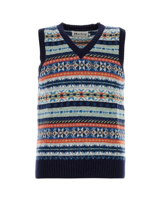 Harley Of Scotland Blue Embroidered Wool Vest for men