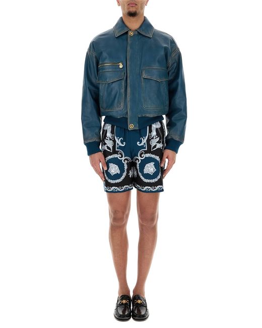 Versace Blue Printed Silk Bermuda Shorts for men