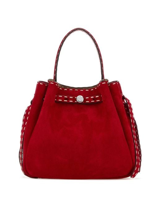 Tory Burch Red Romy Suede Pick Stitch Bucket Bag