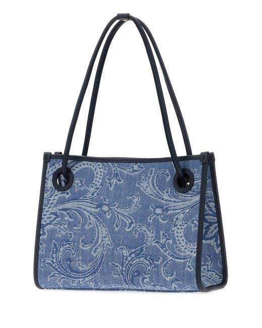 Etro Blue Embroidered Denim Small Eyes Shopping Bag