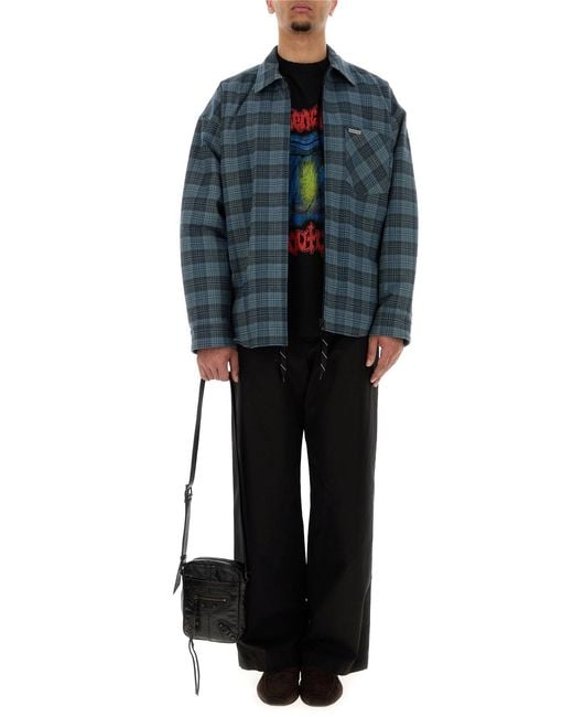 Balenciaga Blue Embroidered Flannel Oversize Shirt for men