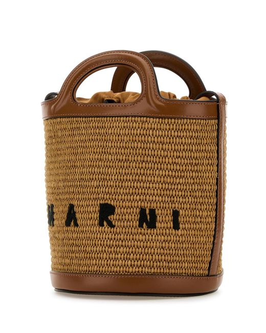 Borsa a secchiello Tropicalia bicolor in pelle e rafia di Marni in Brown