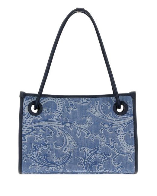 Etro Blue Embroidered Denim Small Eyes Shopping Bag