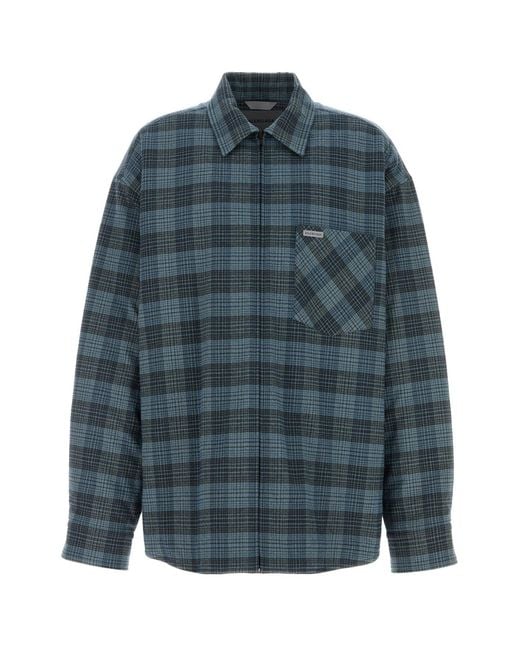 Balenciaga Blue Embroidered Flannel Oversize Shirt for men