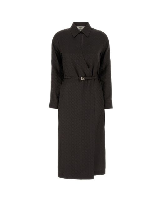 Abito chemisier in jacquard marrone di Fendi in Black