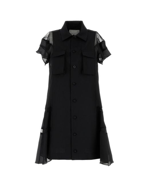 Abito chemisier nero in twill e raso di Sacai in Black