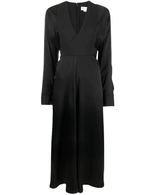 Victoria Beckham Satin V-neck Long-sleeve Midi Dress in Nero (Black ...