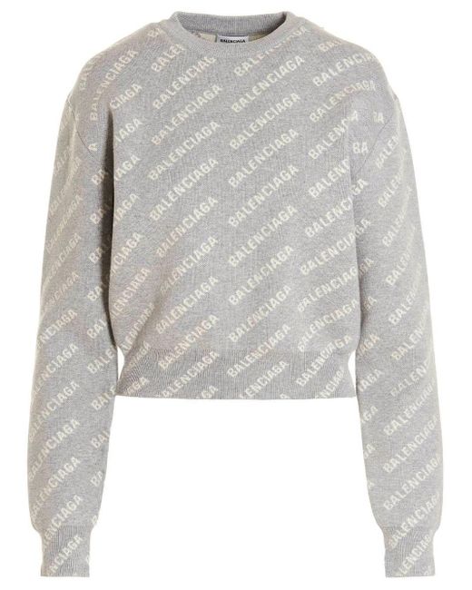 Balenciaga Cotton All-over Logo Print Grey Crewneck Pullover in Gray | Lyst