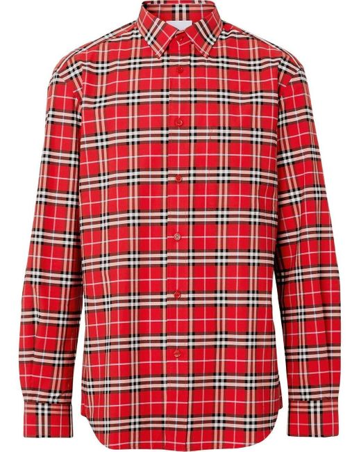 Burberry Rear Logo Checked Shirt in Red for Men | Lyst