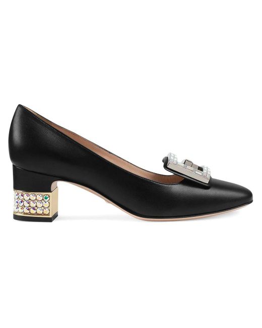 Gucci Leather Midheel Pump With Crystal G in Black Lyst