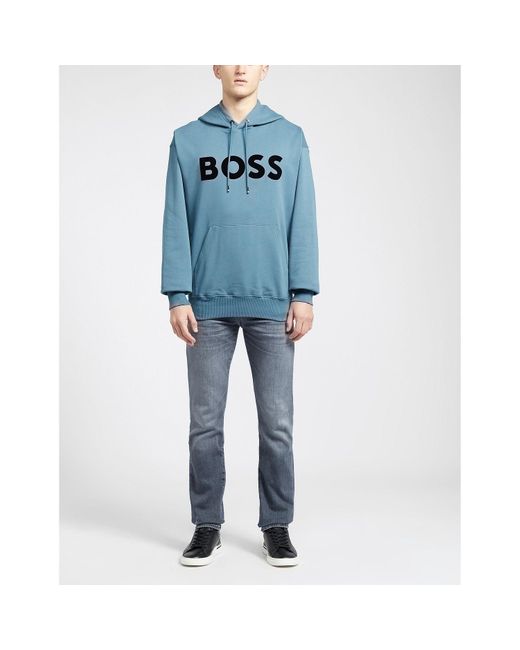 Boss Blue Cotton-terry Flock-print Logo Hoodie for men