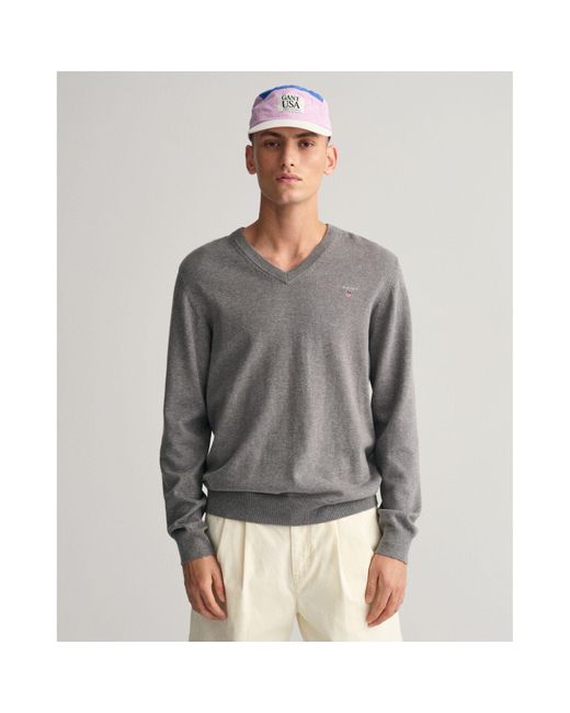 Gant Gray Classic Cotton V-neck Sweatshirt for men