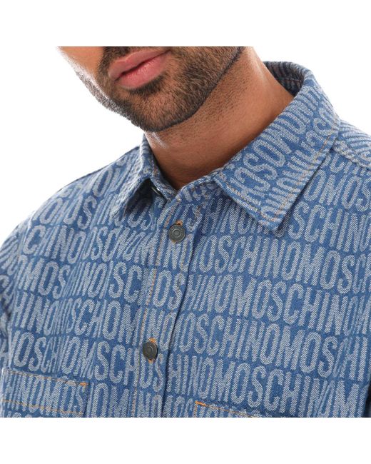 Moschino Blue All Over Logo Jacquard Denim Shirt for men