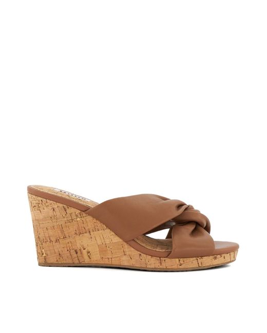 Dune Brown Kacee Twist Knot Wedge Mule Sandals Size 3