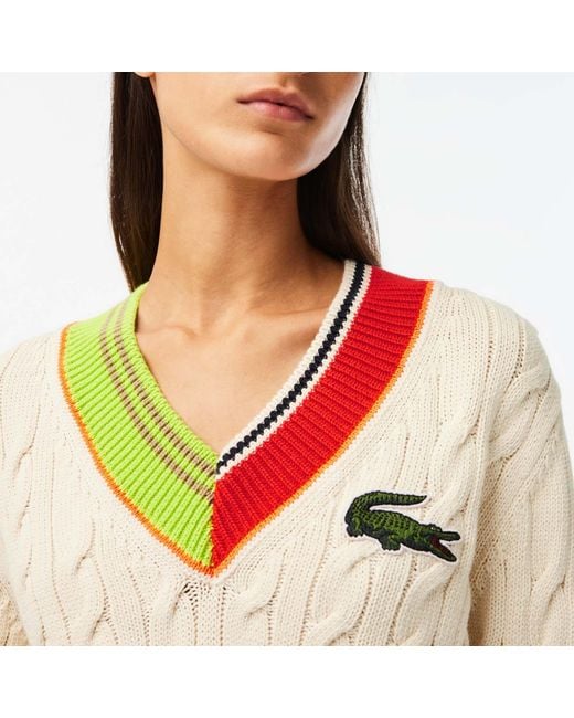 Lacoste Cable Knit Colour Twist V neck Sweatshirt Lyst UK
