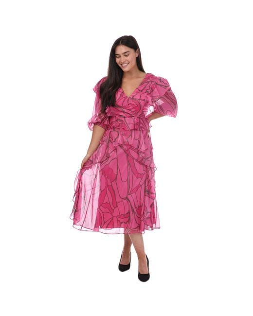 Ted Baker Pink Victoir Ruffled Print Pinafore Dress