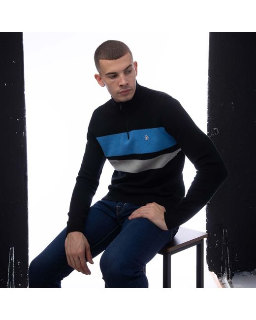 Original Penguin Blue Quarter Zip Chest Stripe Sweatshirt for men