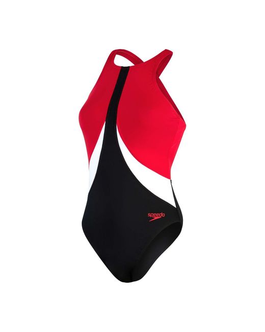 Speedo Red Colourblock Highneck Crossback Swimsuit