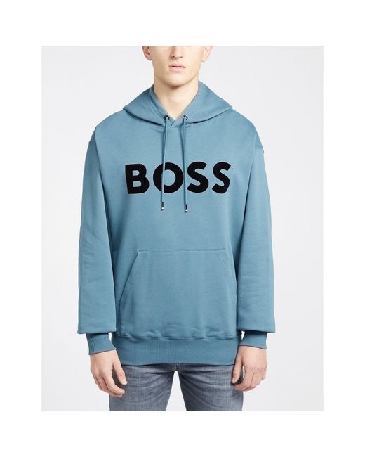 Boss Blue Cotton-terry Flock-print Logo Hoodie for men
