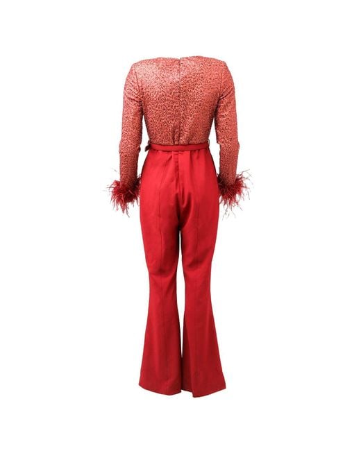 Lavish Alice Red Sequin Feather Jumpsuit