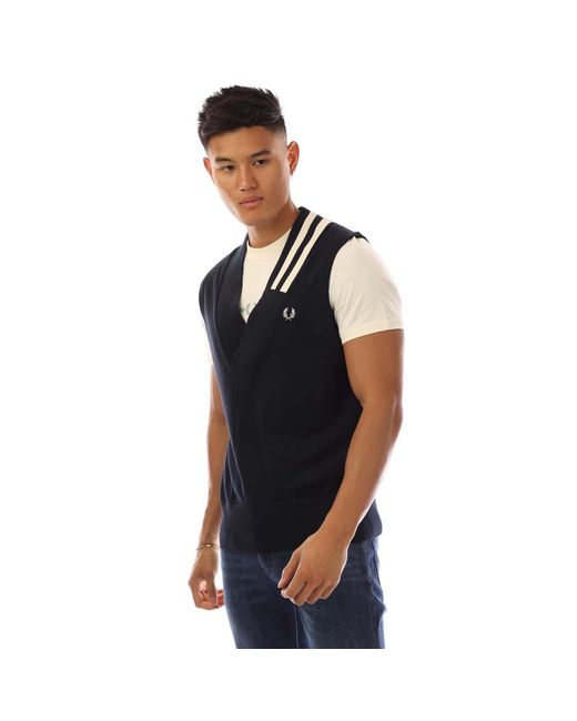 Fred Perry Blue V-Neck Broken Tipped Tank Top for men
