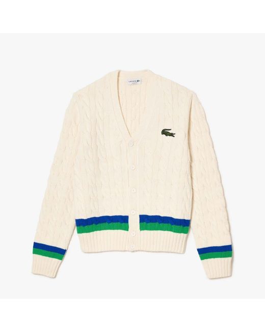 Lacoste White Cable Knit Stripe Detail Cardigan for men