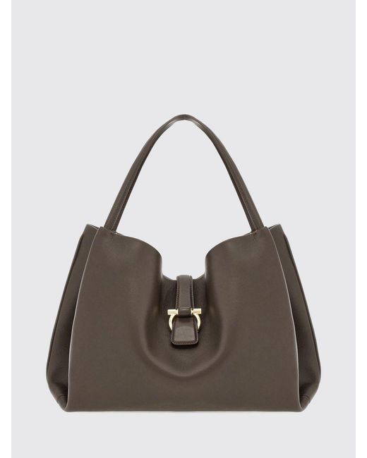 Ferragamo Brown Mia Calfskin Shoulder Bag With Gancini Logo