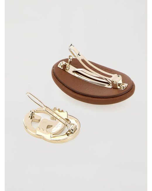 Gucci Brown Set Of 2 Metal And Leather Hair Clips