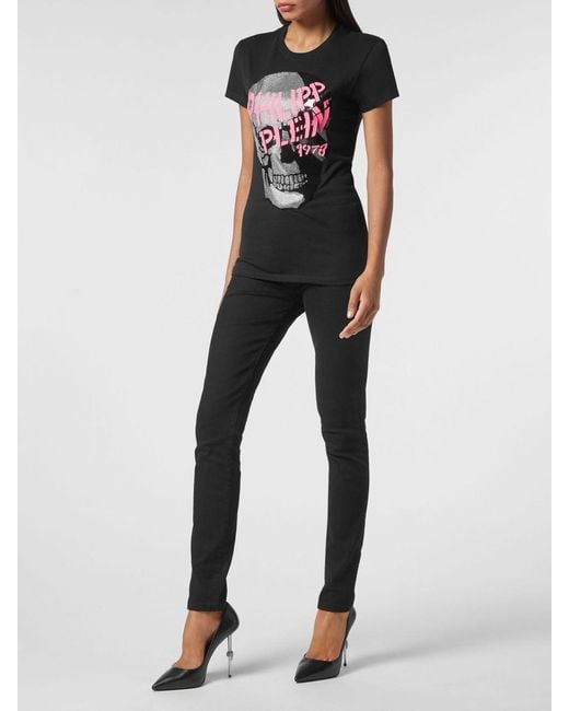 Philipp Plein Black Slim Fit Jersey T-Shirt With Rhinestone Skull Print