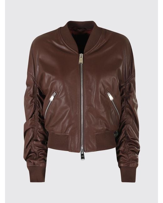 Dondup Red Cropped Synthetic Leather Bomber Jacket With Metal Zip Closure