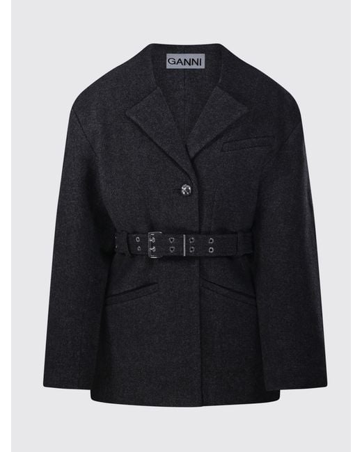 Ganni Blue Short Single-Breasted Belted Wool And Cashmere Coat