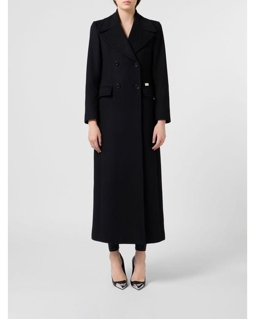 Philipp Plein Black Long Double-Breasted Wool Coat With Skull Print And Crystals