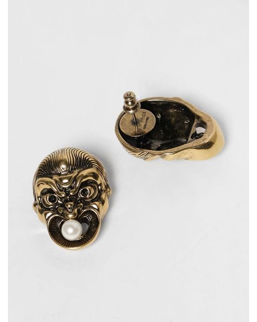 Etro Metallic Mask Brass Earrings With Synthetic Pearls
