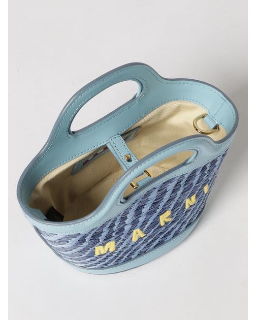 Marni Blue Tropicalia Mini Raffia And Leather Bag With Embroidered Logo