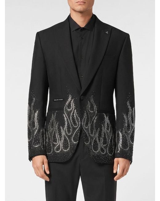 Philipp Plein Black Blazer With Crystal Flames for men