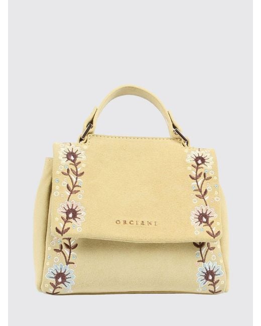 Orciani Natural Sveva Suede Bag With Floral Embroidery