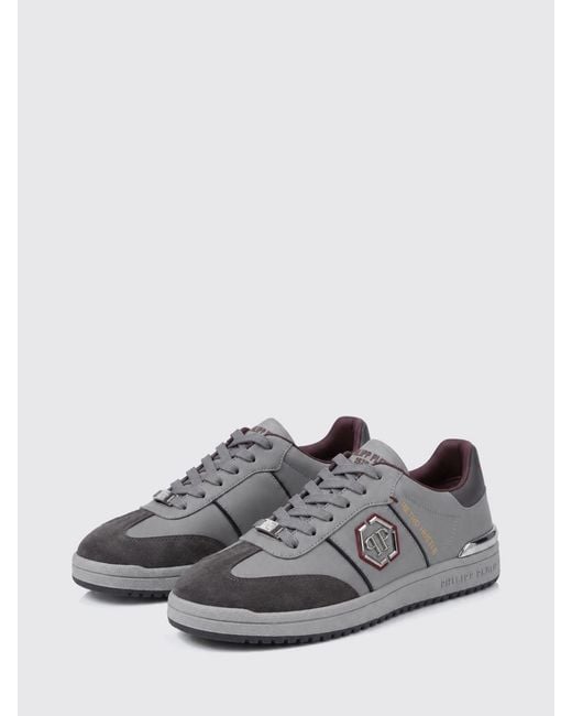 Philipp Plein Gray Retro Hustle Leather Sneakers With Hexagon Logo for men