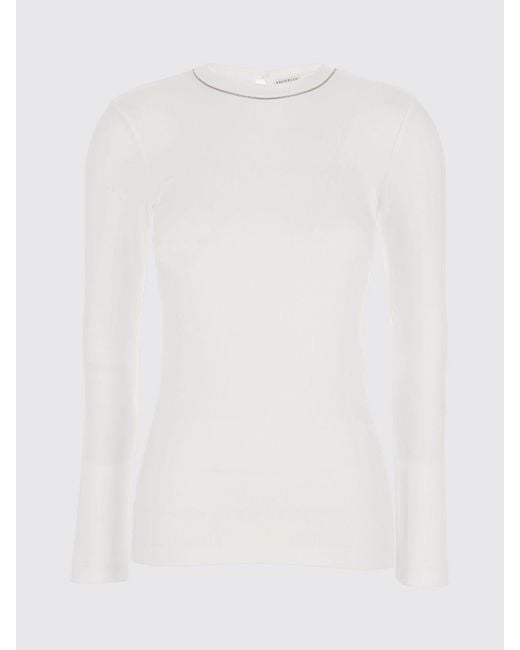 Brunello Cucinelli White Long-Sleeved Cotton T-Shirt With Monili Embroidery