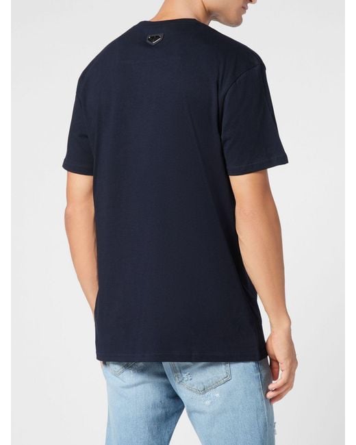Philipp Plein Blue Cotton T-Shirt With Skull Print And Rhinestone Hexagon Logo for men