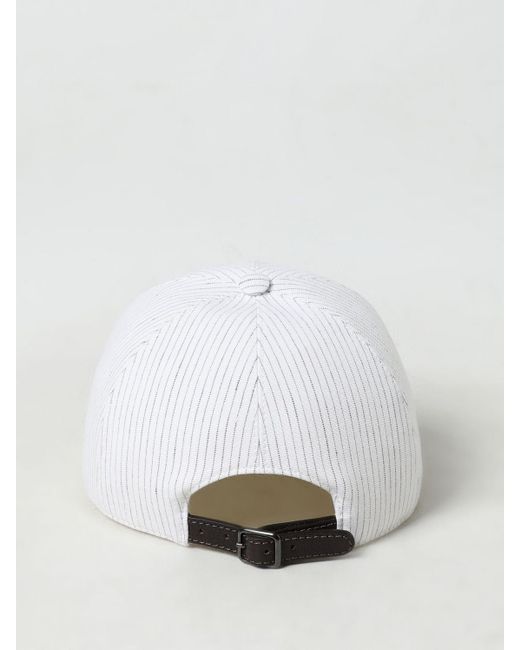 Cappello in tela di lino e cotone rigata con Shiny Band di Brunello Cucinelli in White