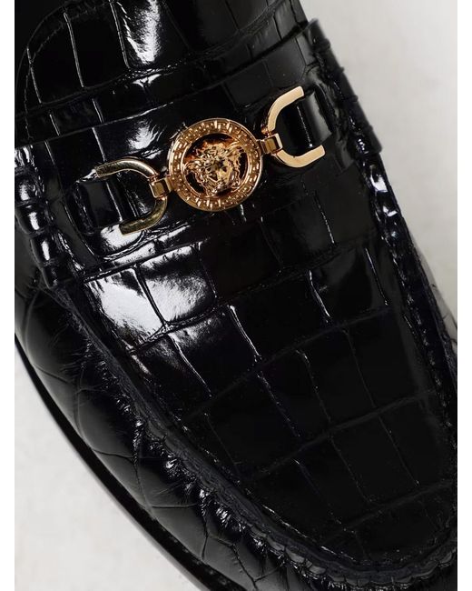 Versace Black Croc Print Brushed Leather Loafers for men
