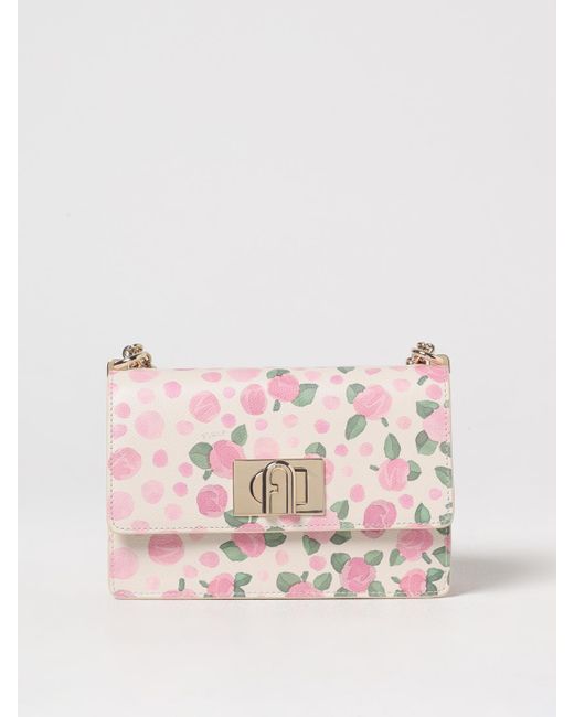 Furla Pink 1927 Grained Leather Bag With Flower Print And Polka Dots